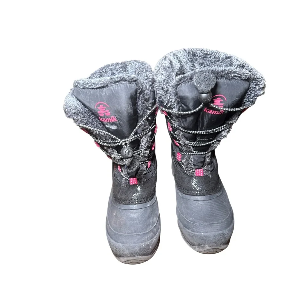 Kamik Kids Waterproof Snow Boots Black Pink Quilted‎ Fur Trim Size 2